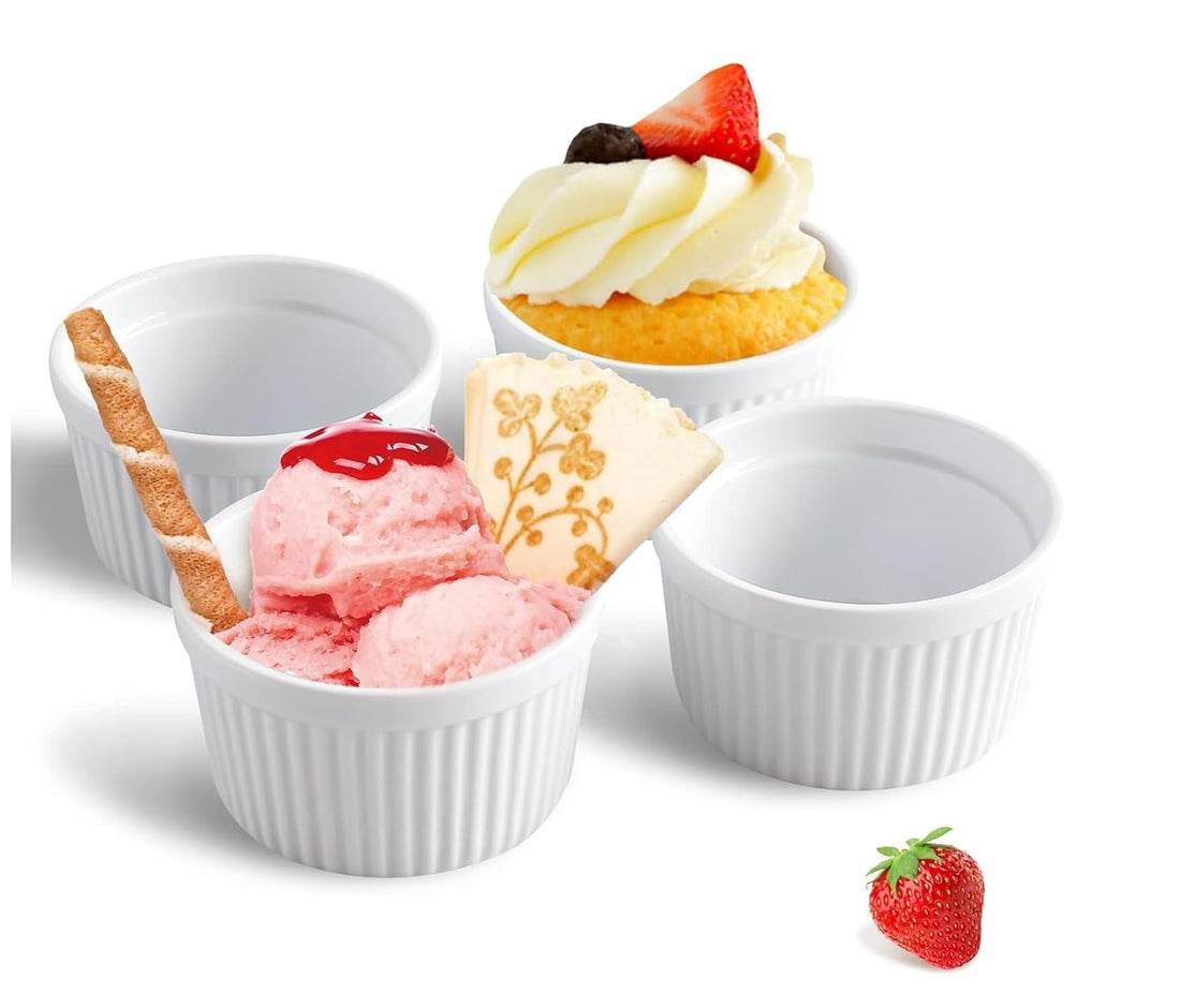 Assorted desserts in Ceramic Handmade White Ramekin bowl