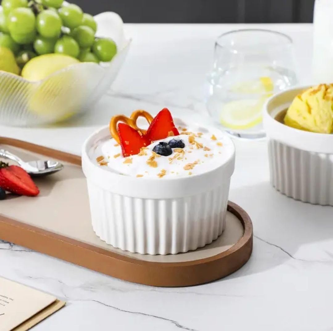 Dessert with berries in a Ceramic White Ramekin bowl