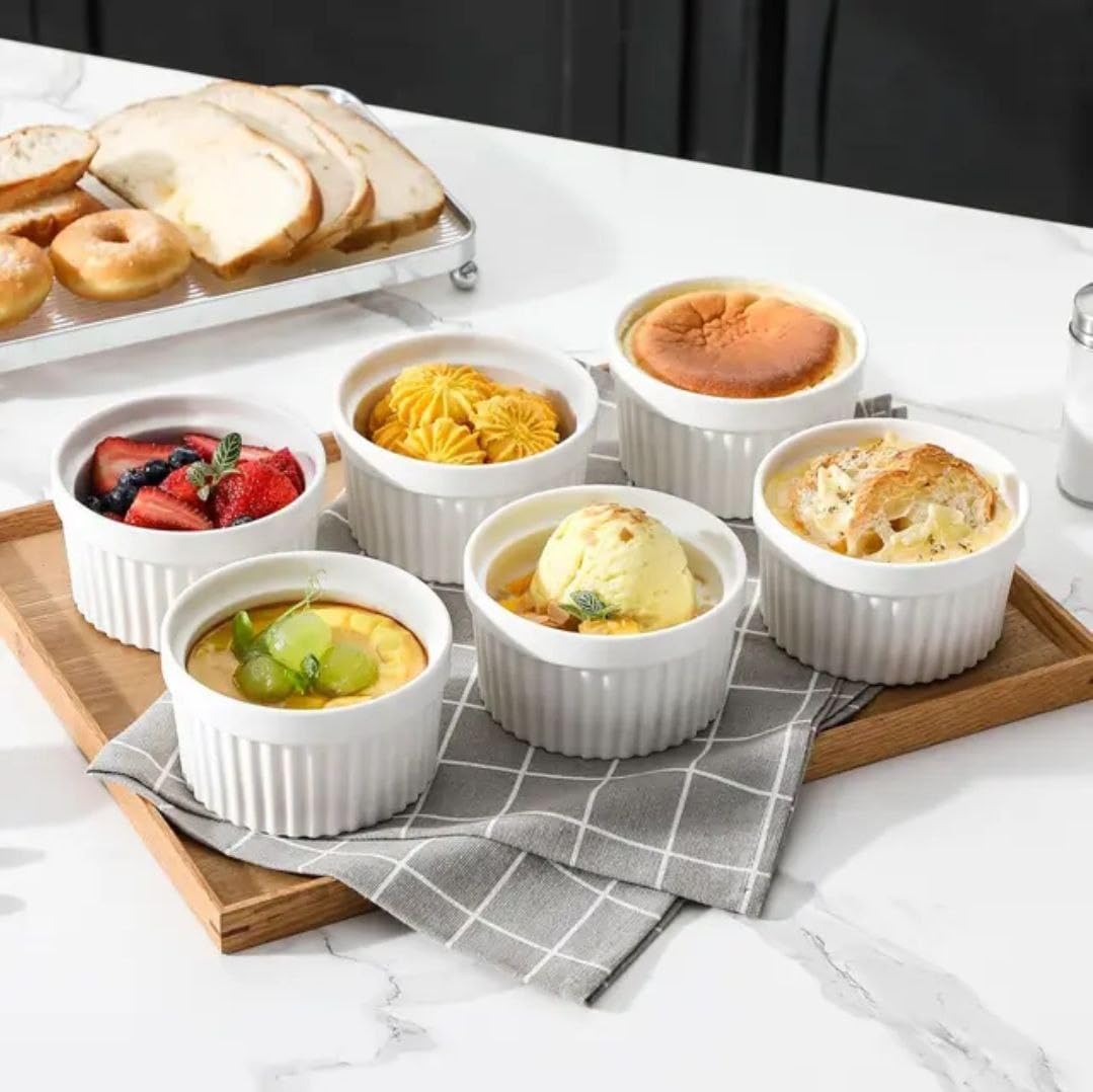 Assorted desserts in Ceramic Handmade White Ramekin bowl
