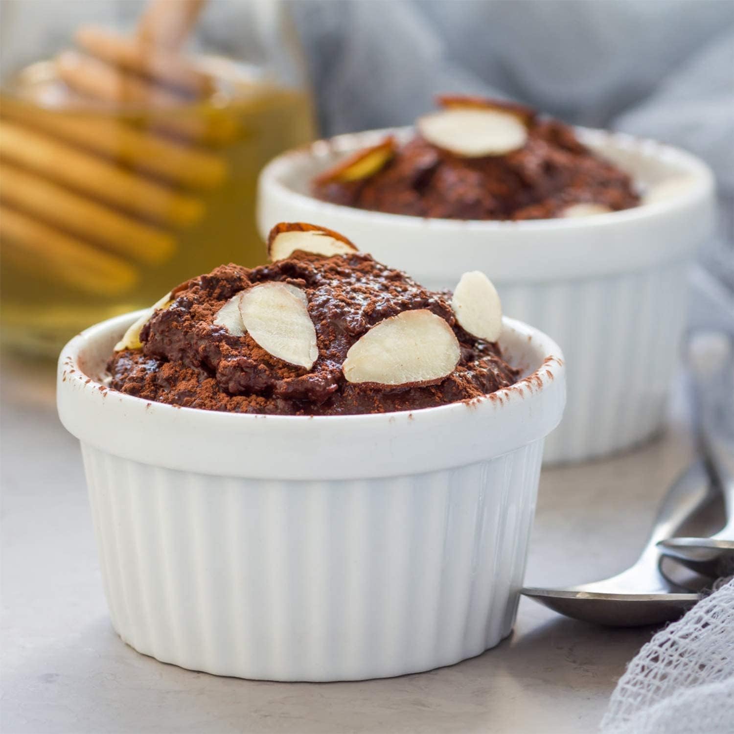 Chocolate dessert in white ramekin bowl