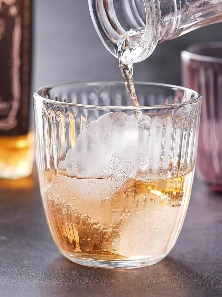 Whiskey poured into a Textured Glass Tumbler with ice cubes