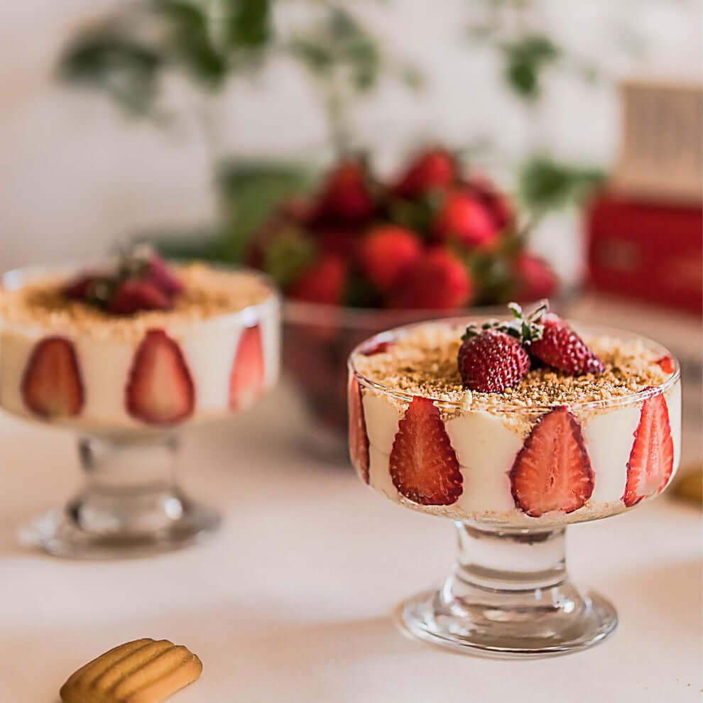 Mini Footed Dessert Cup with layered strawberry dessert