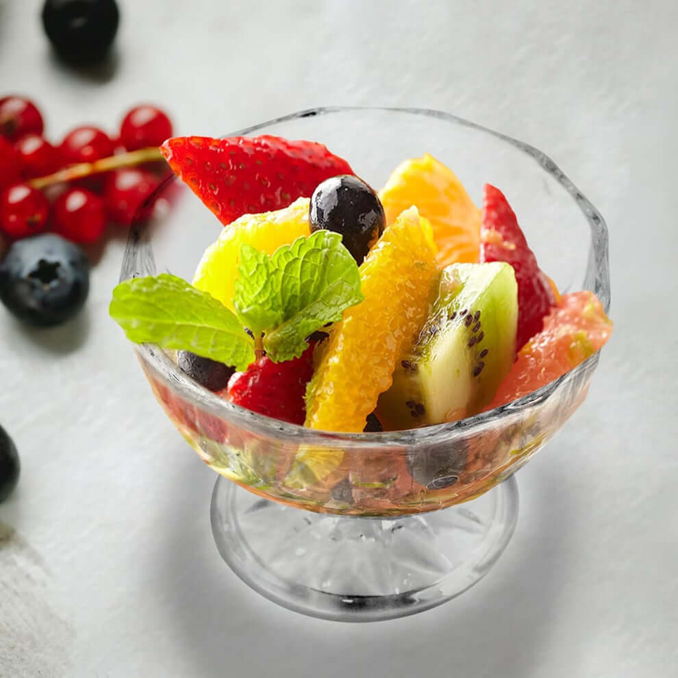 Fruit and nut mix served in a pedestal dessert bowl