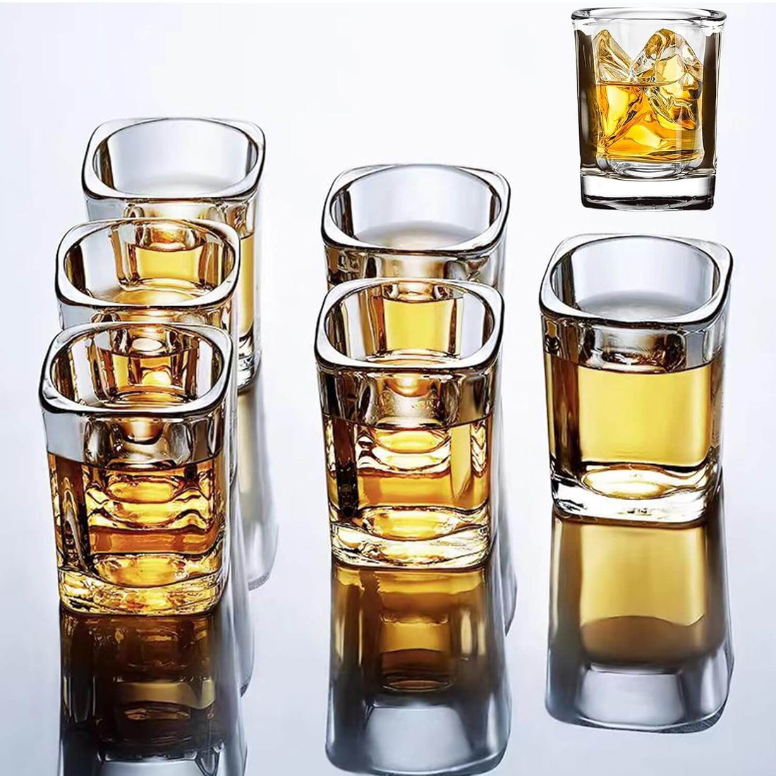 Square Shot Glasses displayed with golden whiskey