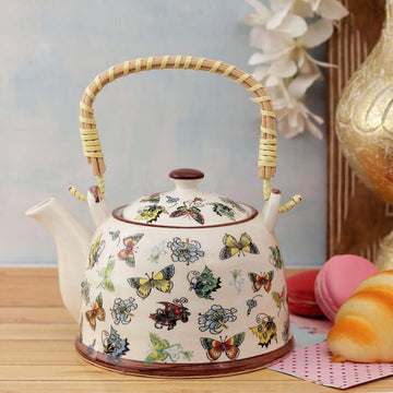 Floral Pottery Ceramic tea pot with butterfly artwork