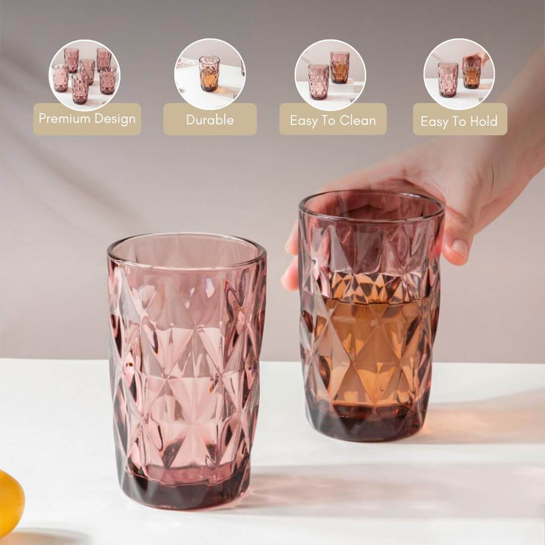 Diamond-Cut Pink Glass tumblers shown for easy grip