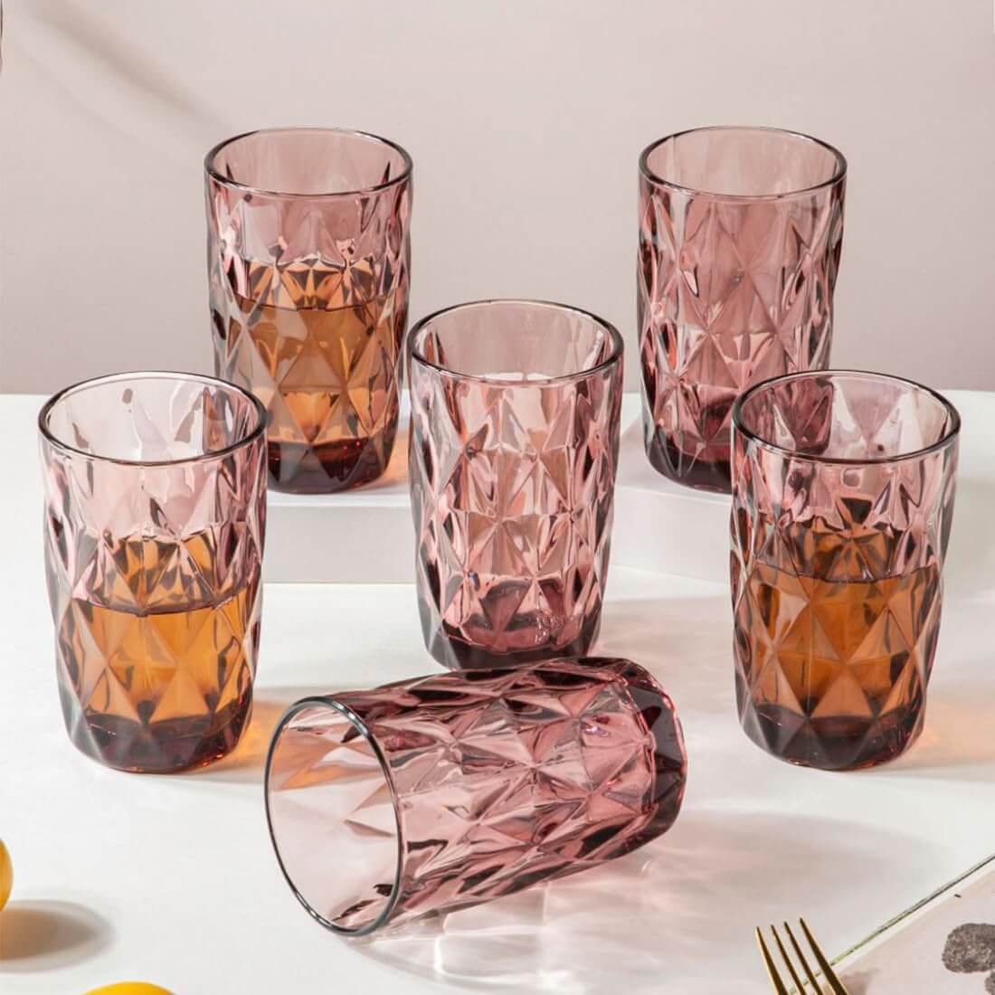 Geometric Design Drinking Glasses Set Tumbler Glasses ,Clear Iced Tea and Glasses for Drinking Cocktail, Juice, Milkshake, Coke, Soda, Dishwasher Safe - 400 ml